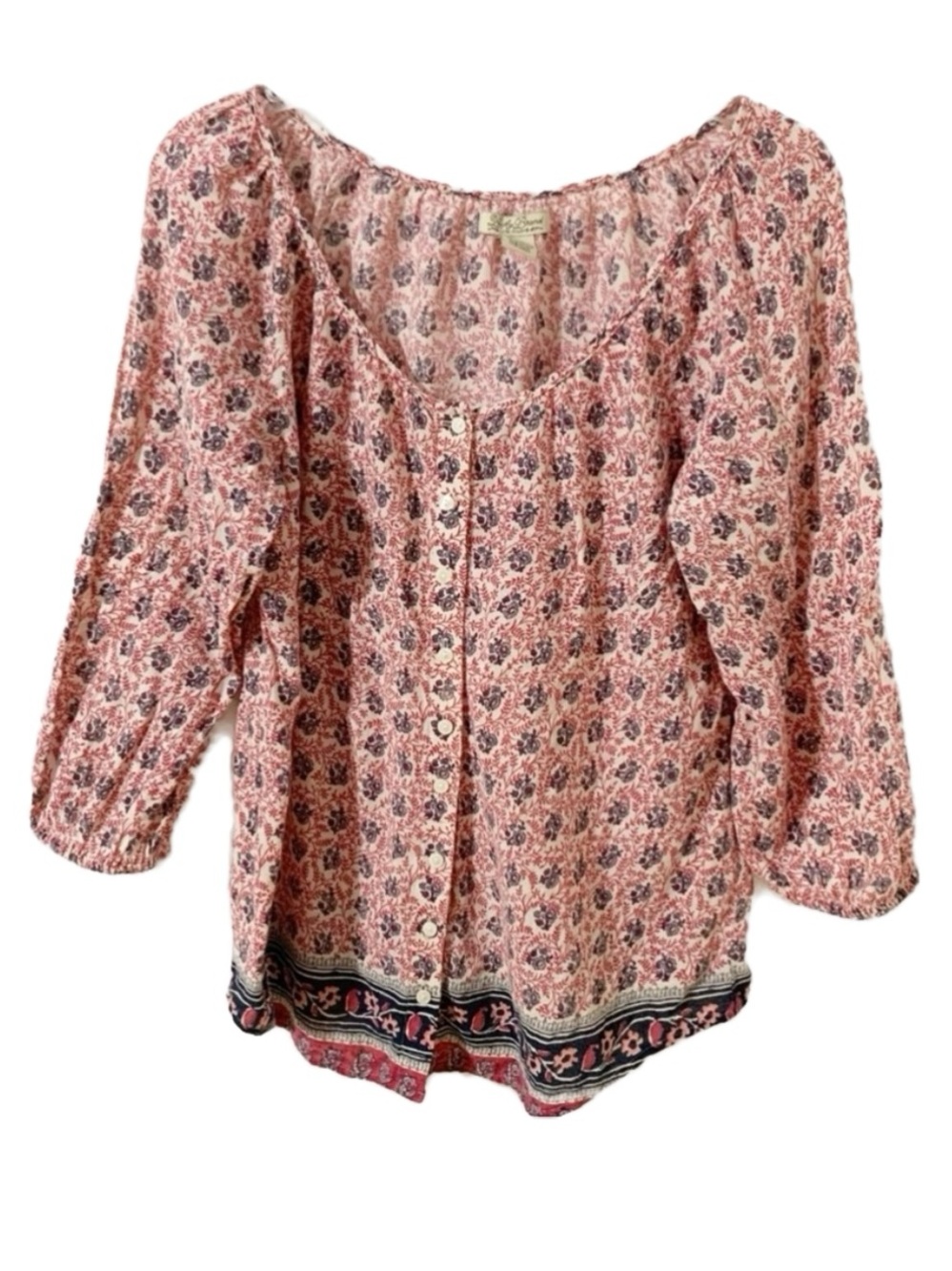 Lucky Brand Floral Prairie Blouse Y2K Boho-Chic 3/4 Sleeve Button Front Scoop